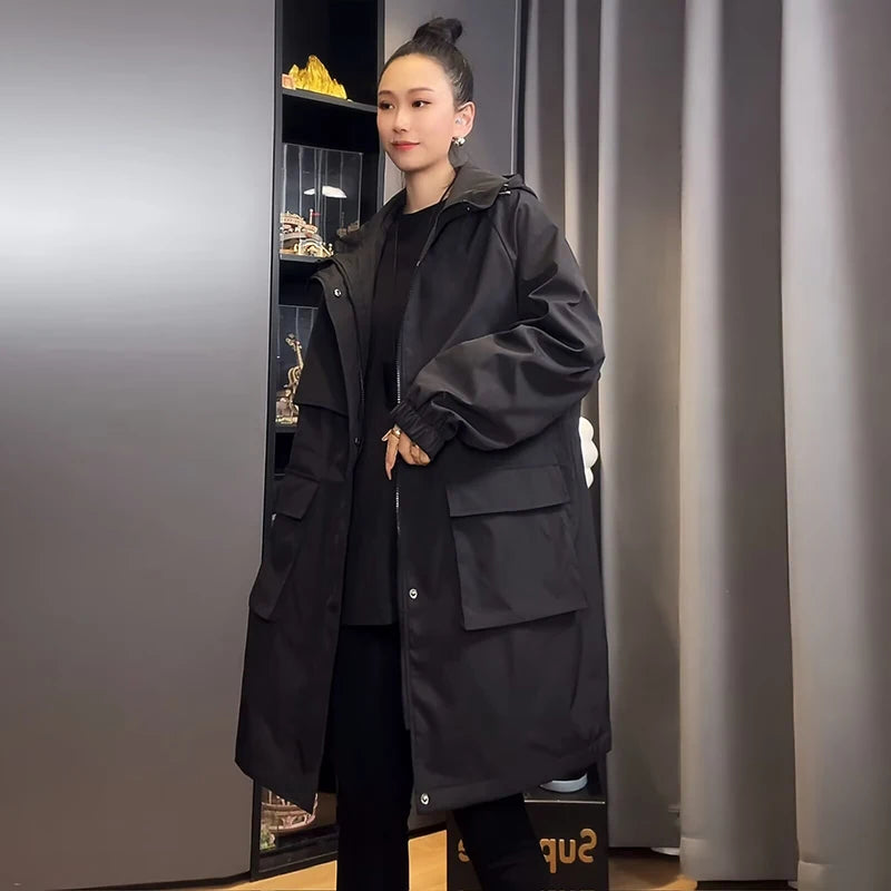 Korean Fashion Trench Coat for Women Spring Autumn Solid Hooded Windbreaker Long Coat Jackets Women Clothing Long Sleeved Tops