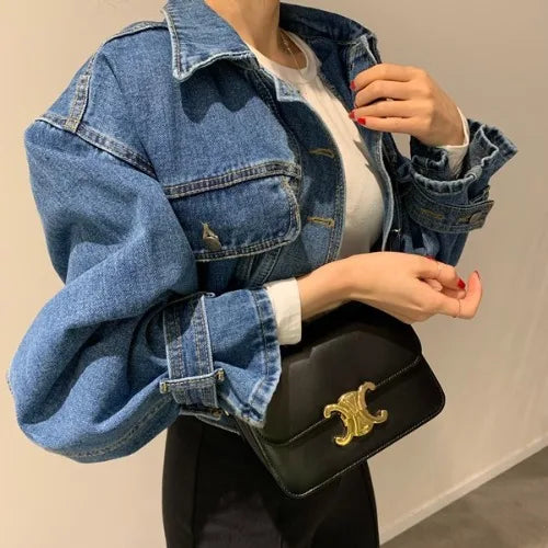 Women's Fashionable Cropped Denim Jacket Spring Autumn Turn-Down Collar Long Sleeve Oversized Loose Fit Outerwear
