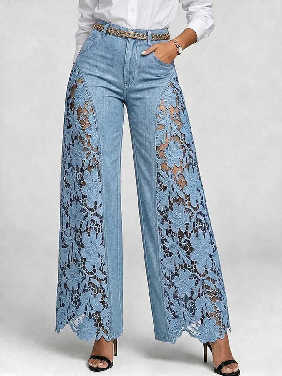 High Waist Wide Leg Pants Women Spring Summer Fashion Hollow Lace Denim Flowy Trousers Palazzo Pants