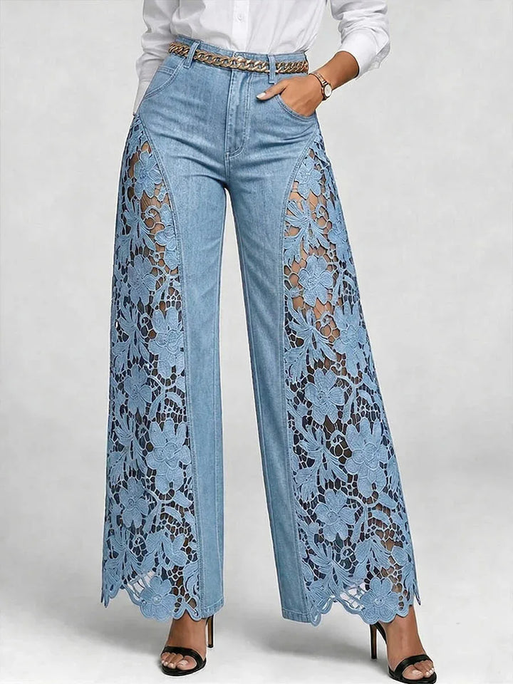 High Waist Wide Leg Pants Women Spring Summer Fashion Hollow Lace Denim Flowy Trousers Palazzo Pants