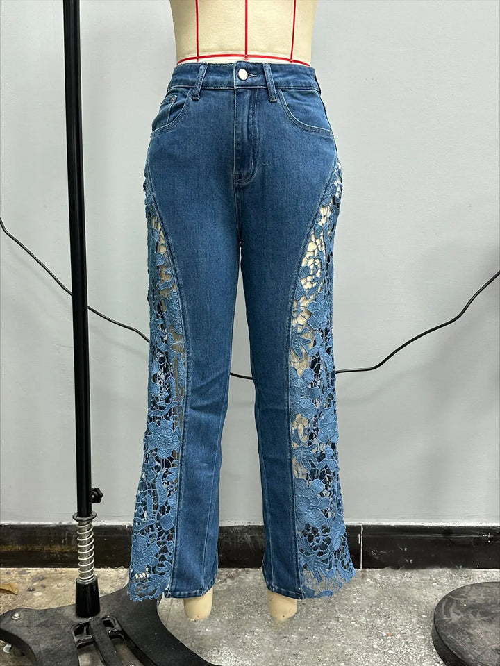 High Waist Wide Leg Pants Women Spring Summer Fashion Hollow Lace Denim Flowy Trousers Palazzo Pants