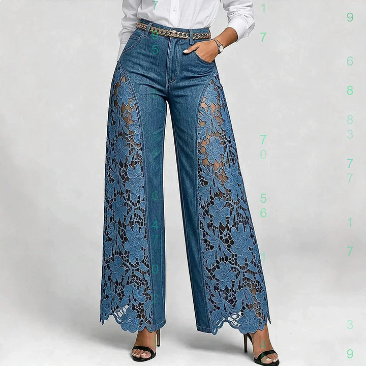 High Waist Wide Leg Pants Women Spring Summer Fashion Hollow Lace Denim Flowy Trousers Palazzo Pants