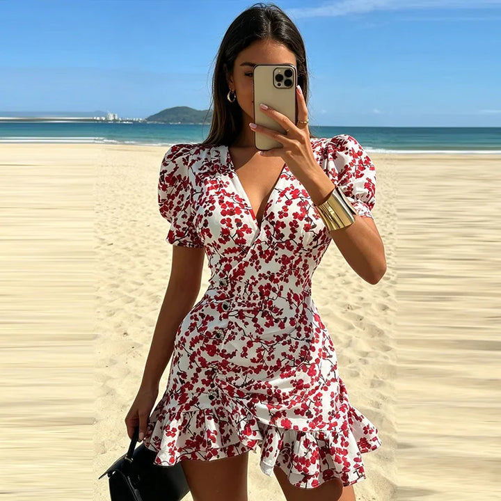Floral Printed Wrap Mini Dress Ladies V Neck Bubble Sleeve Side Ruched Detail Tiered Ruffle Hem  Vacation Cocktail Party Outfit