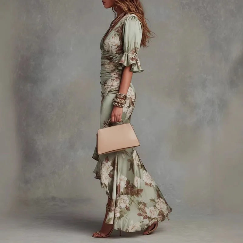 Boho Vacation Floral Print Satin Maxi Dress Women V Neck Ruffle Sleeve Ruched Slit Mermaid Dress Spring Summer Retro Party Dress