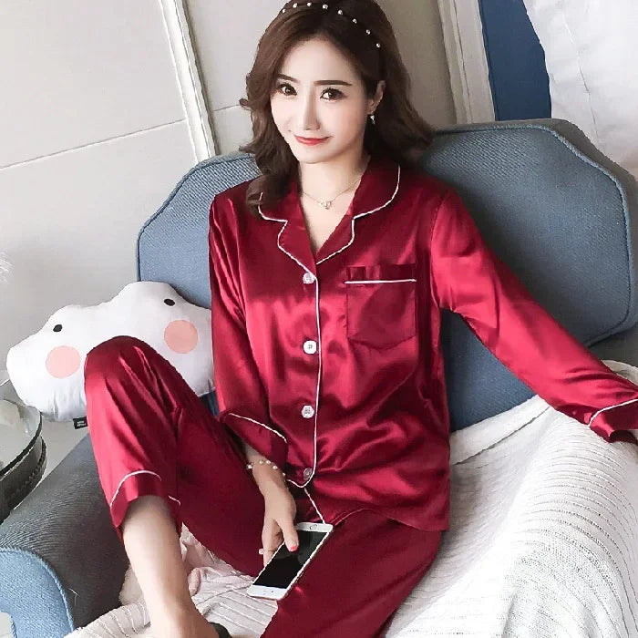 Womens Silk Satin Pajamas Set Sleepwear Pijama Women's Loungewear Pajamas Suit Female Sleep Two Piece Set Feminino Fofo Pyjamas