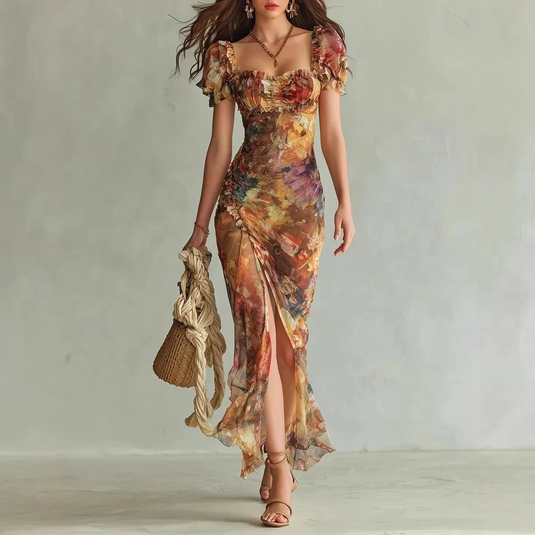 Boho Floral Maxi Dress Woman Sexy Square Collar Ruched Split Bodycon Long Dress New Summer Puff Sleeve Ruffle Party Dress