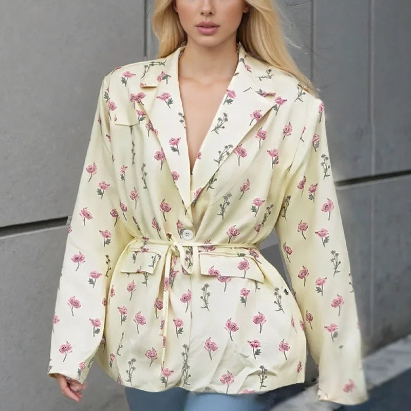 Oversized Blazer Jacket Women Casual Solid Turn Down Collar Lace Up Coat Autumn Fashion Design Street Commute Office Lady Jacket