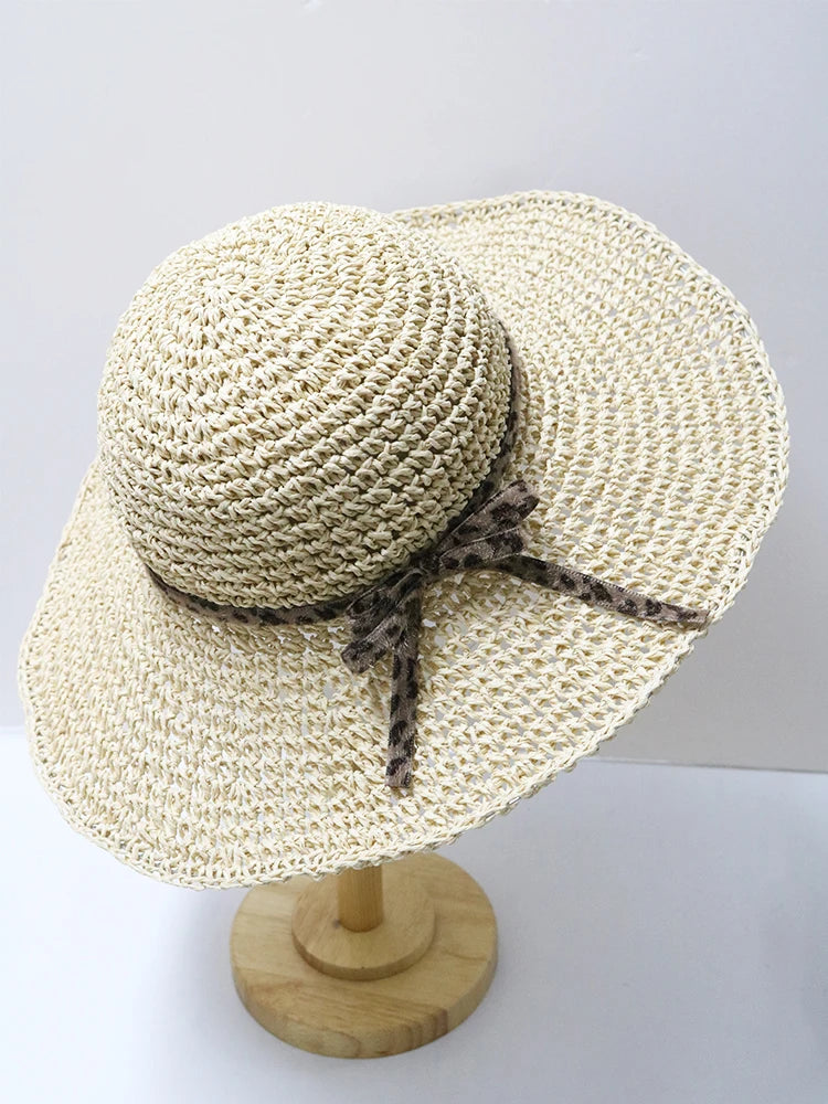 Women's Summer Woven Straw & Fabric Beach Hat - Wide-Brim UV Protection Sun Cap for Outdoor & Coastal Adventures