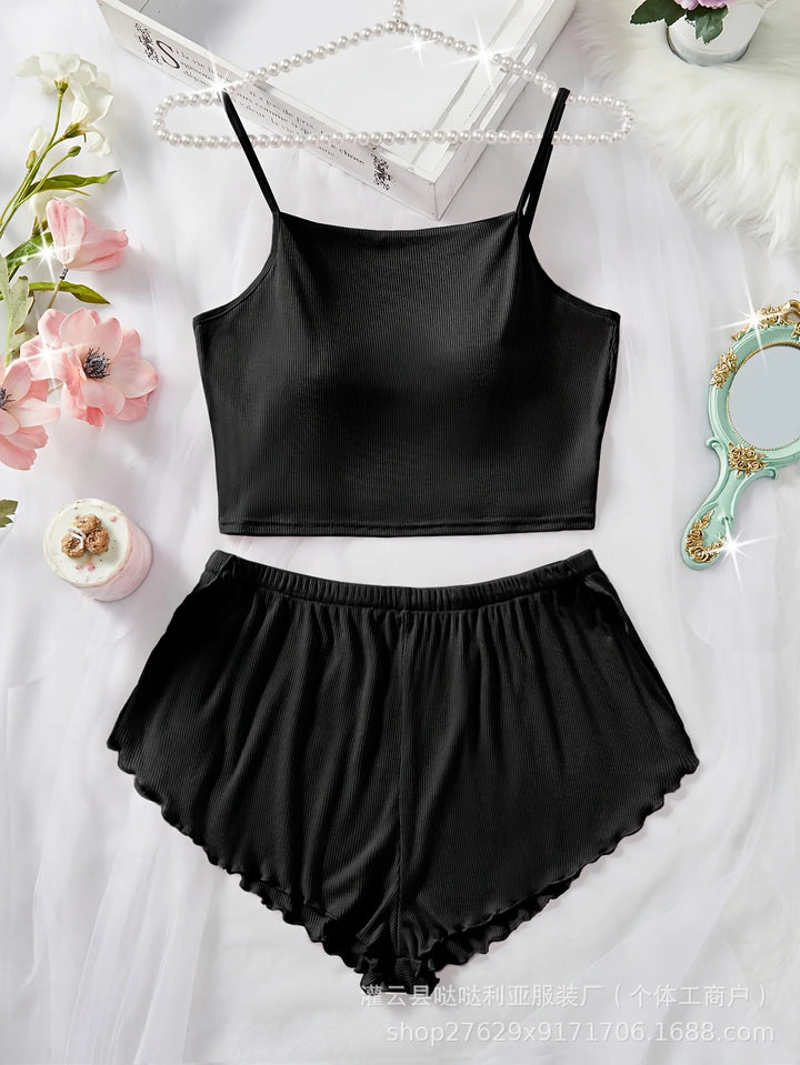 2025 Women's Casual Home Lounge Set Two Piece Solid Color Lace Trim Sleepwear Shorts & Ribbed Top Comfortable Homewear Outfits