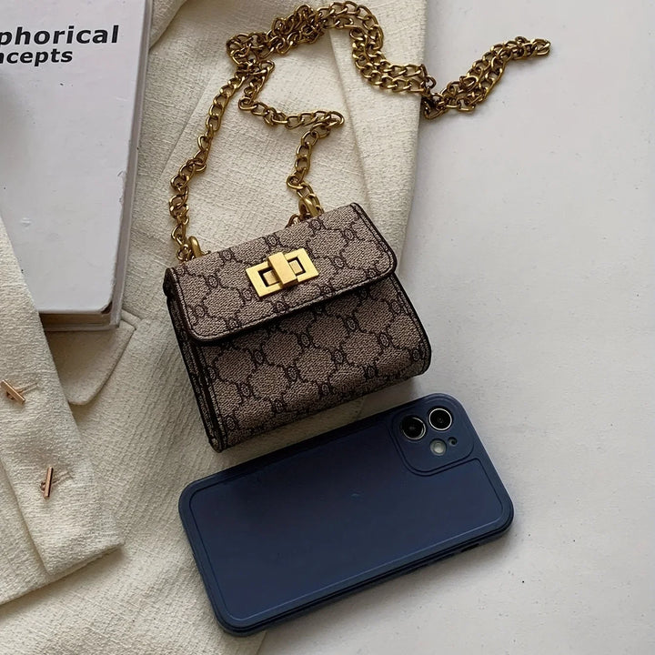 Stylish Mini Crossbody Bag with Geometric Pattern Faux Leather Buckle Closure Painted Edge Detail Faux Leather Lining Purse