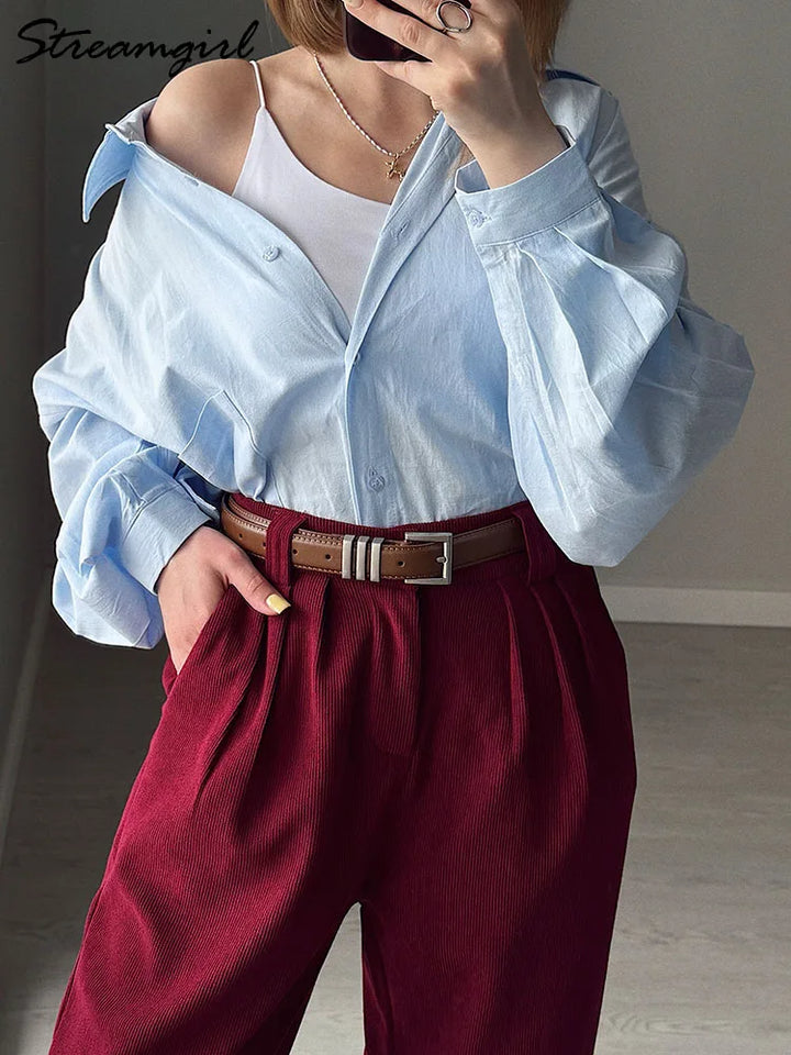 White Basic Oversized Button Up Shirts Women Summer Cotton Office Wear Loose Blouses Female Yellow Shirt Long Sleeve For Women