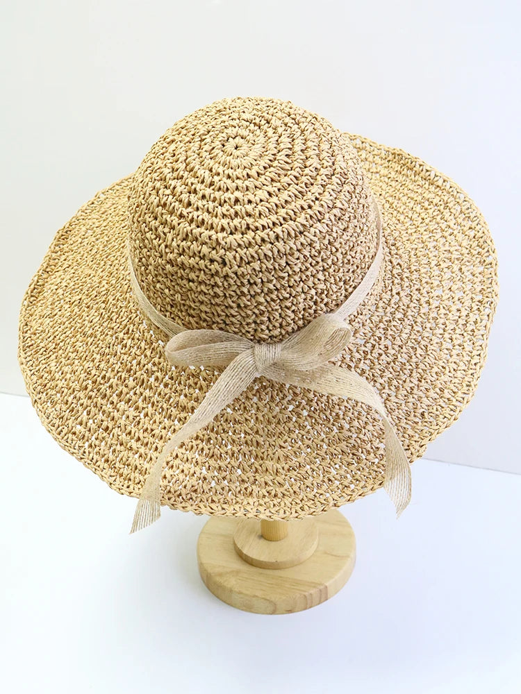 Women's Summer Woven Straw & Fabric Beach Hat - Wide-Brim UV Protection Sun Cap for Outdoor & Coastal Adventures