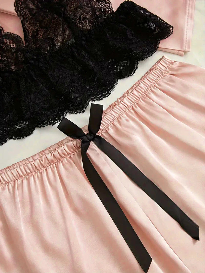 Women's Satin Sleepwear Pajama Set Pink Sexy Lingerie Bath Robe Lace Patchwork Silk Night Dress Trousers Home Clothed Nightwear