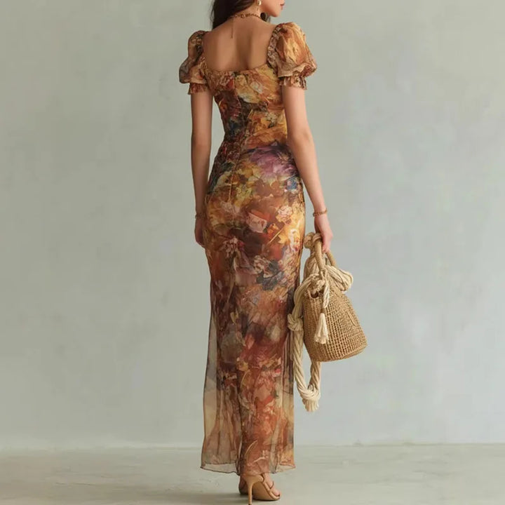 Boho Floral Maxi Dress Woman Spring Sexy Square Collar Ruched Split Bodycon Long Dress New Summer Puff Sleeve Ruffle Party Dress