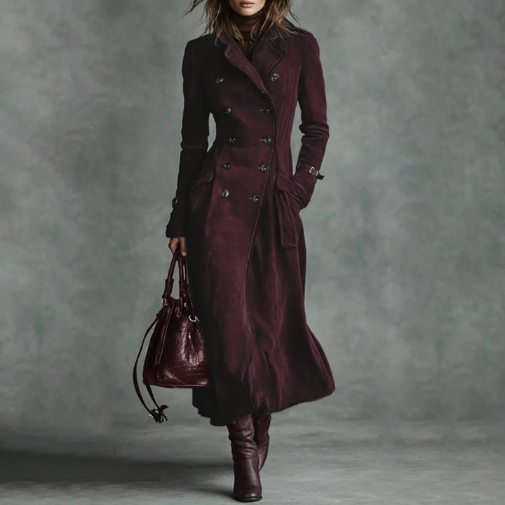 Trench Coat Women Chocolate Suede Double-Breasted Long Trench Coat Elegant Office Daily Outing 2026 Trendy Tops Nuevo Estilo