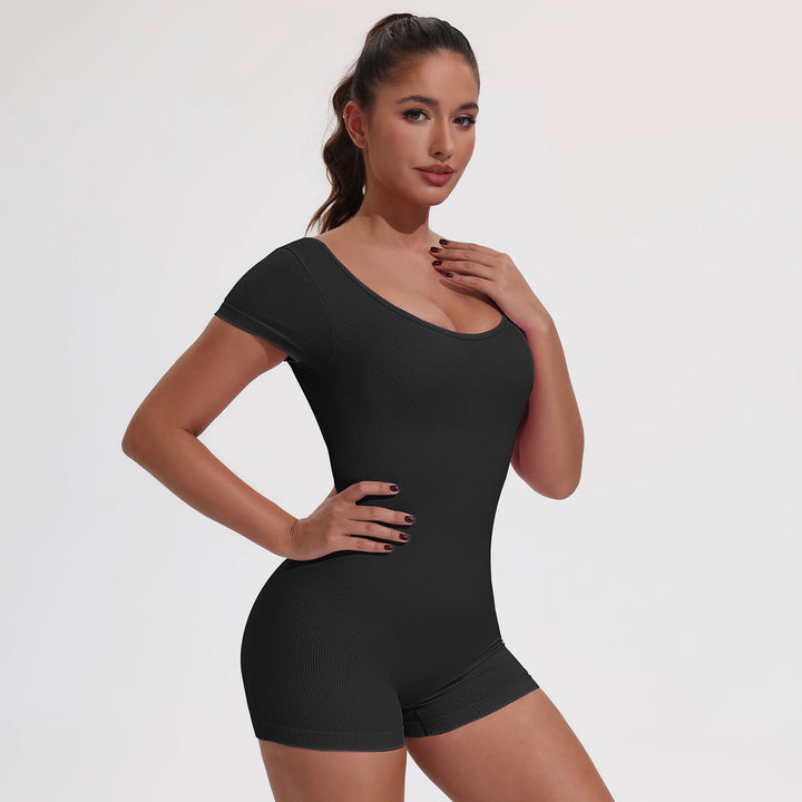 Backless Ribbed Bodysuit for Women Seamless U-Neck Short Sleeve Scoop Neck Jumpsuit Tummy Control Butt Lifting Workout Romper