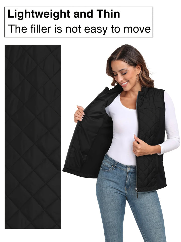Womens Vest Tops Sleeveless Quilted Outerwear Jackets Stand Collar Zip up Lightweight Vests Spring Fall Winter Outfits