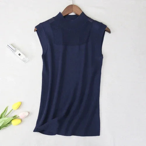 Women's Mock Neck Tank Tops Semi Sheer Sleeveless Crop Top Lightweight Knit Vest Summer Teen-girl Basic Outfit