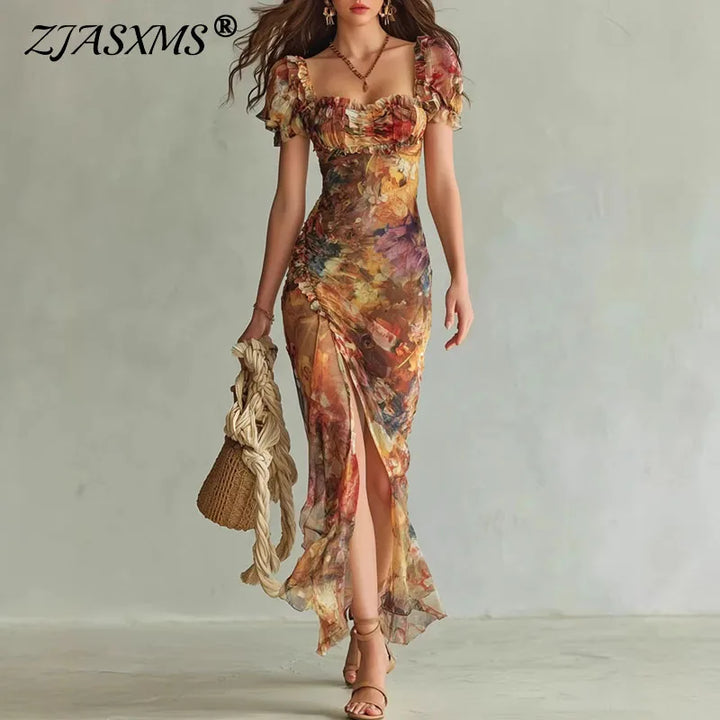 Boho Floral Maxi Dress Woman Spring Sexy Square Collar Ruched Split Bodycon Long Dress New Summer Puff Sleeve Ruffle Party Dress