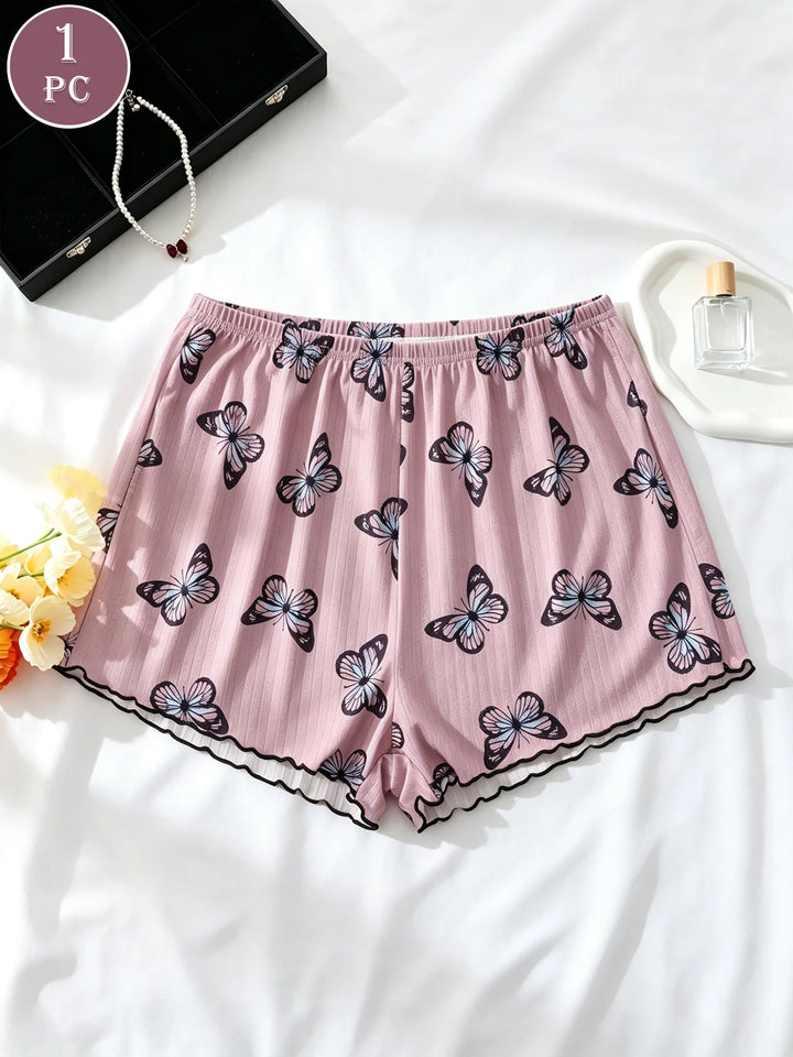 1PC Butterfly Print Waffle Knit Lounge Shorts, Elastic High Waist Scalloped Trim Soft Breathable Women Summer Sleep Bottoms
