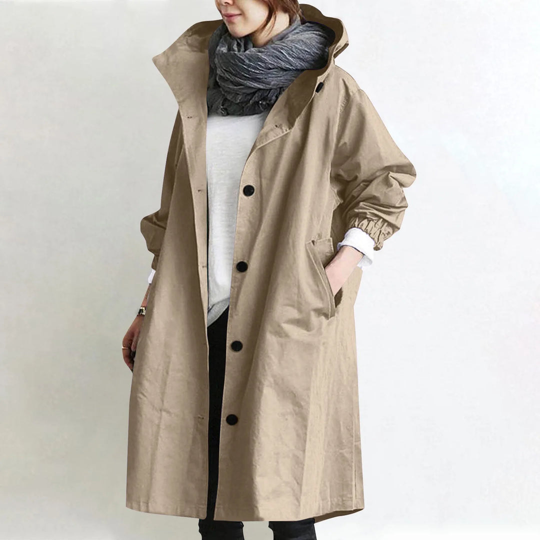 Trendy Women's Long Trench Coat Women's Solid Color Elegant Windbreaker Loose Comfortable Hooded Temperament Ladies Raincoat