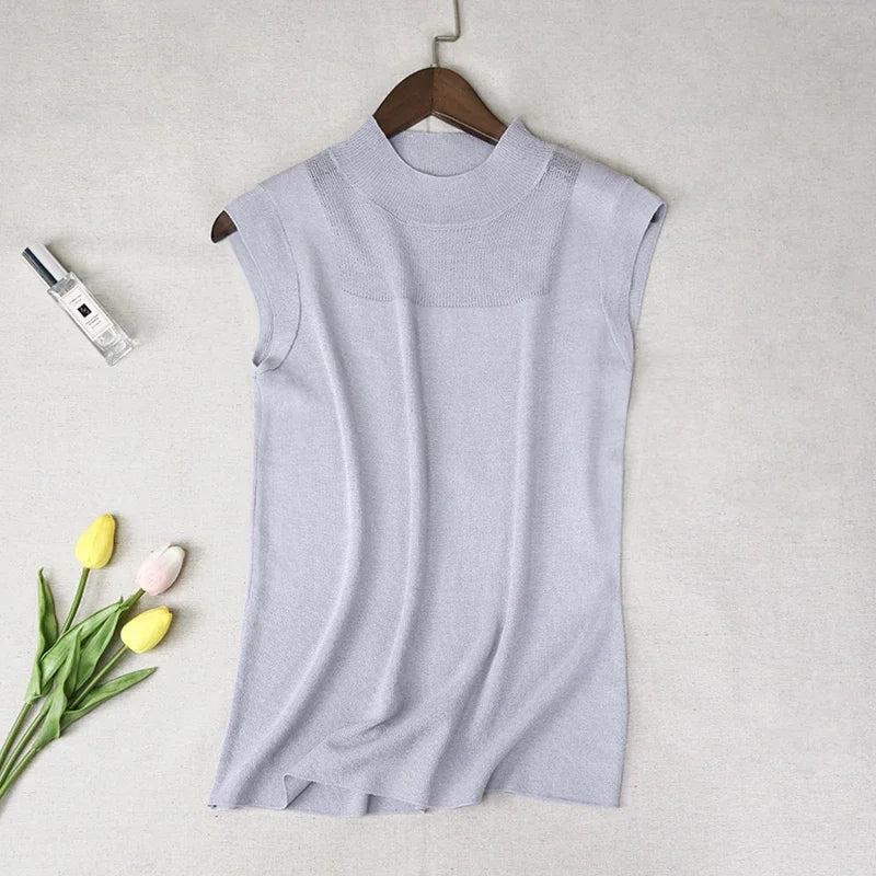 Women's Mock Neck Tank Tops Semi Sheer Sleeveless Crop Top Lightweight Knit Vest Summer Teen-girl Basic Outfit
