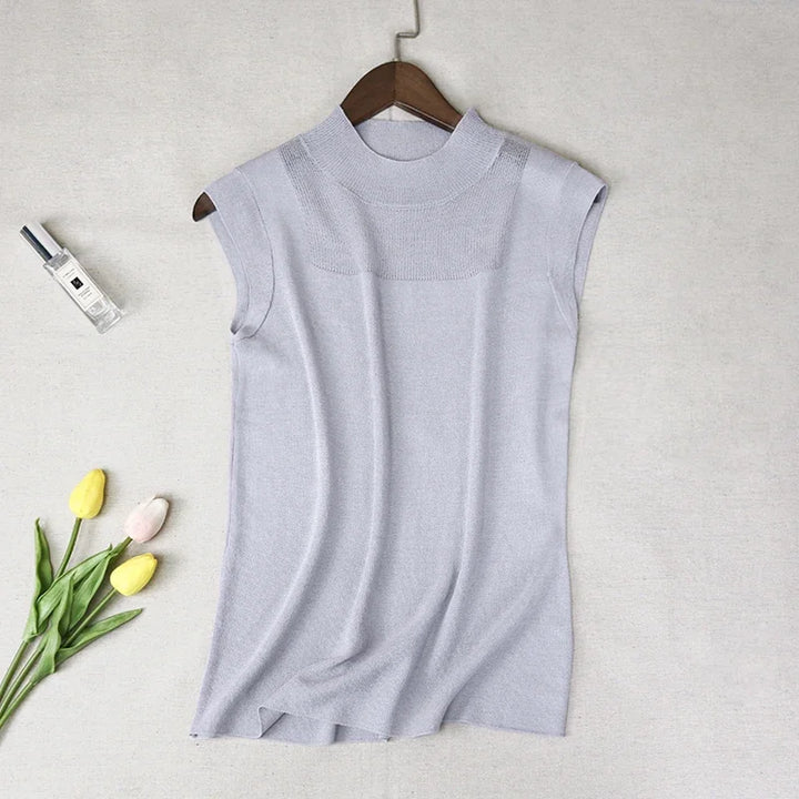 Women's Mock Neck Tank Tops Semi Sheer Sleeveless Crop Top Lightweight Knit Vest Summer Teen-girl Basic Outfit