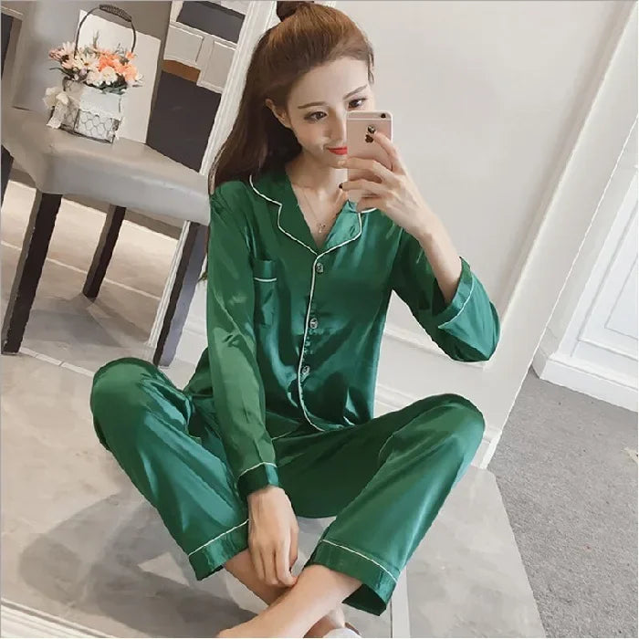 Womens Silk Satin Pajamas Set Sleepwear Pijama Women's Loungewear Pajamas Suit Female Sleep Two Piece Set Feminino Fofo Pyjamas