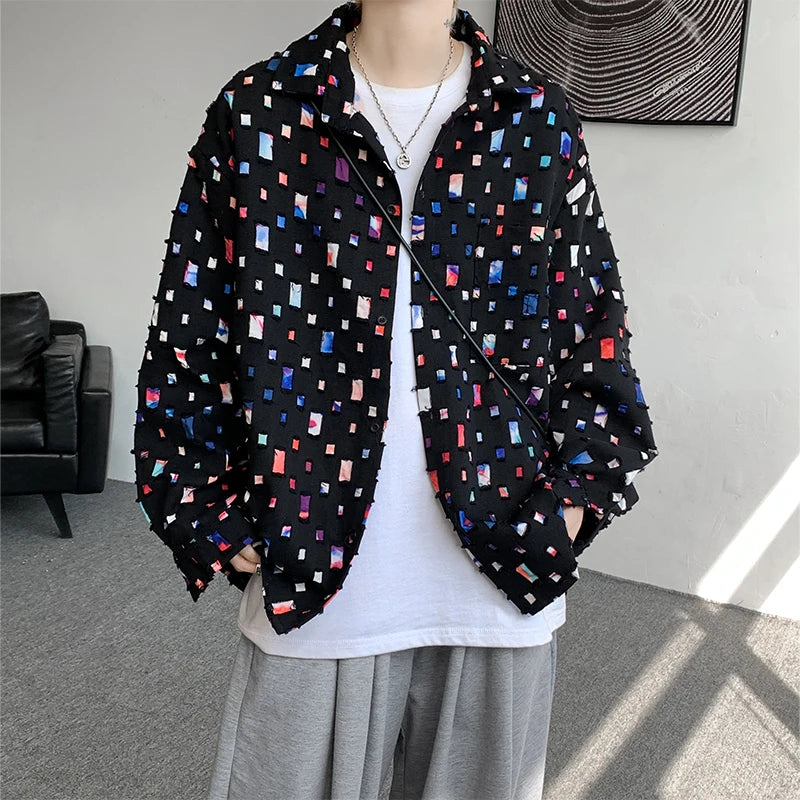 Oversized Colorful Plaid Shirt Mens Cotton Hollow Out Shirts Men Streetwear Loose Casual Long Sleeve Hole Patch Shirts M-5XL