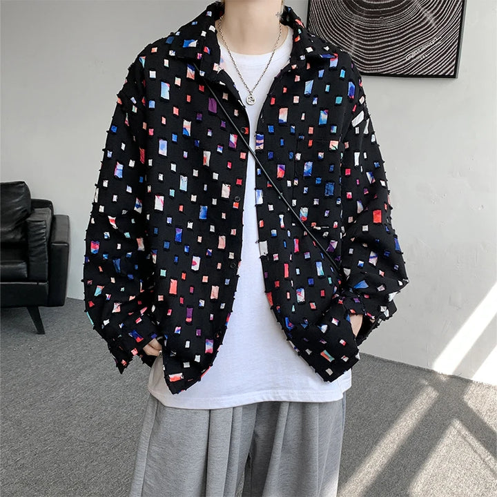 Oversized Colorful Plaid Shirt Mens Cotton Hollow Out Shirts Men Streetwear Loose Casual Long Sleeve Hole Patch Shirts M-5XL