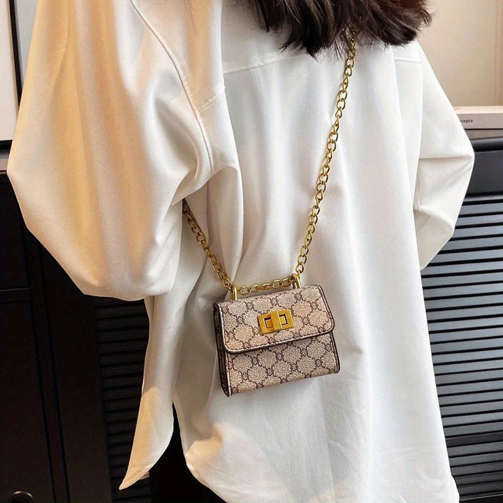 Stylish Mini Crossbody Bag with Geometric Pattern Faux Leather Buckle Closure Painted Edge Detail Faux Leather Lining Purse
