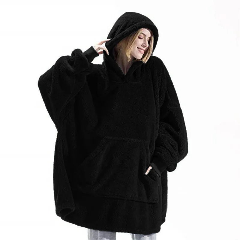 New Winter Double-faced Fleece Hoodie Blanket Oversize Large Pocket Warm Couple Loose Sweatshirts Women And Men Robe loungewear