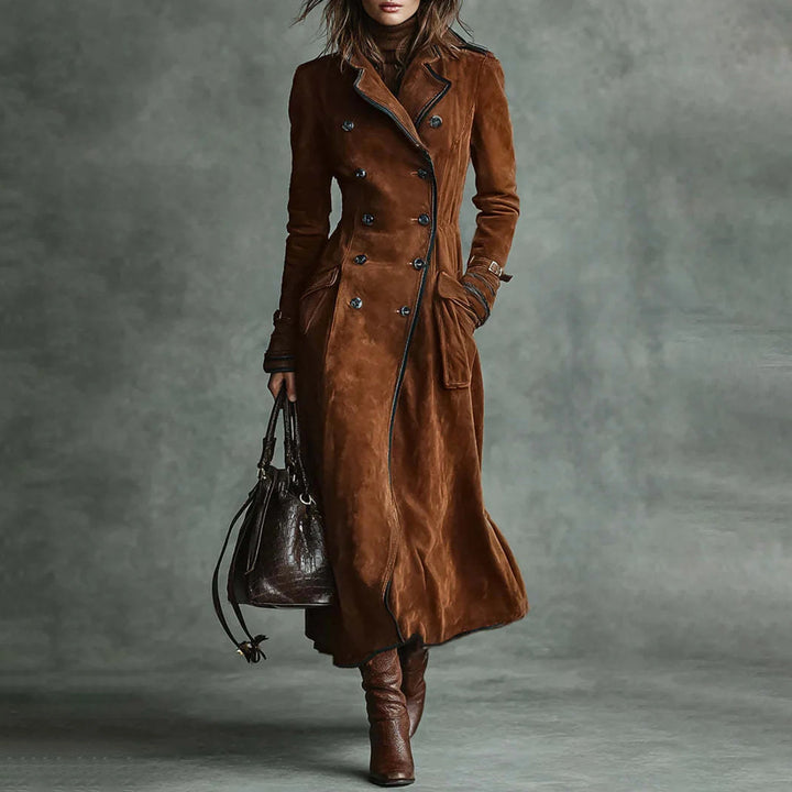 Trench Coat Women Chocolate Suede Double-Breasted Long Trench Coat Elegant Office Daily Outing 2026 Trendy Tops Nuevo Estilo