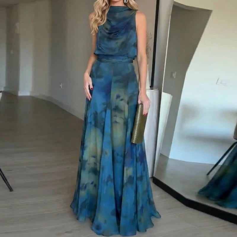 Elegant A-line Folded Sleeveless Dress French Summer Art Retro Mesh Breathable Dress Unique Blend High Neck Formal Evening Dress