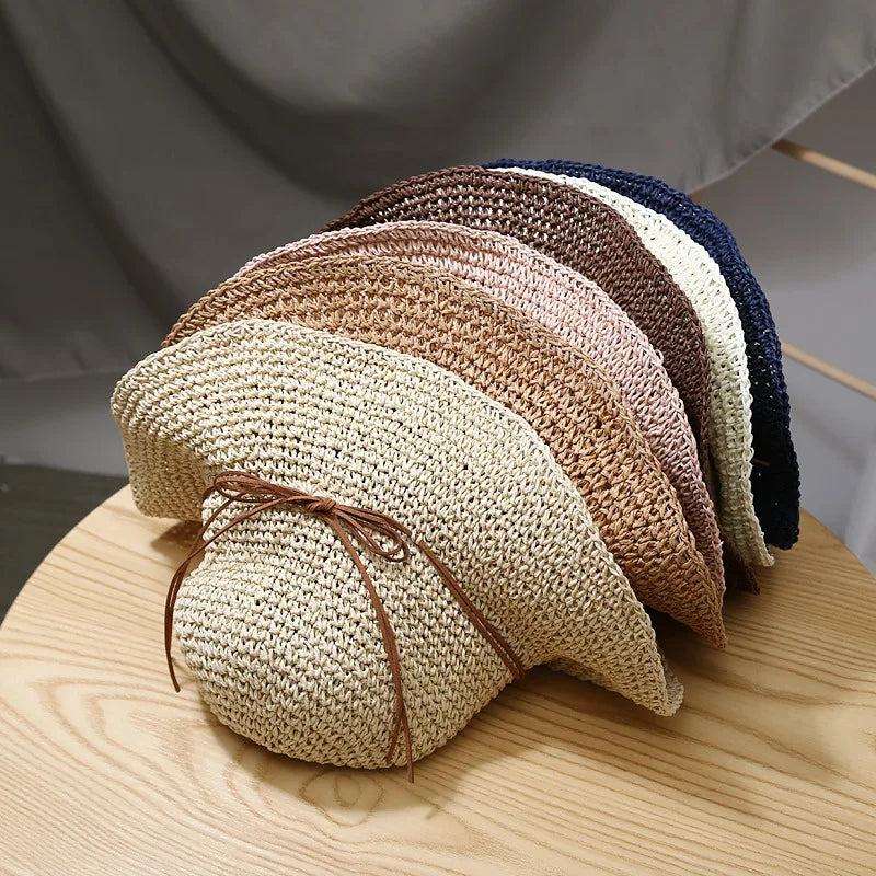 Women's Summer Woven Straw & Fabric Beach Hat - Wide-Brim UV Protection Sun Cap for Outdoor & Coastal Adventures