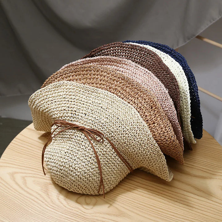 Women's Summer Woven Straw & Fabric Beach Hat - Wide-Brim UV Protection Sun Cap for Outdoor & Coastal Adventures