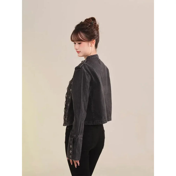 Women's American Retro Denim Military Inspired Cropped Jacket Long Sleeve Stand Collar Casual Motorcycle Coat
