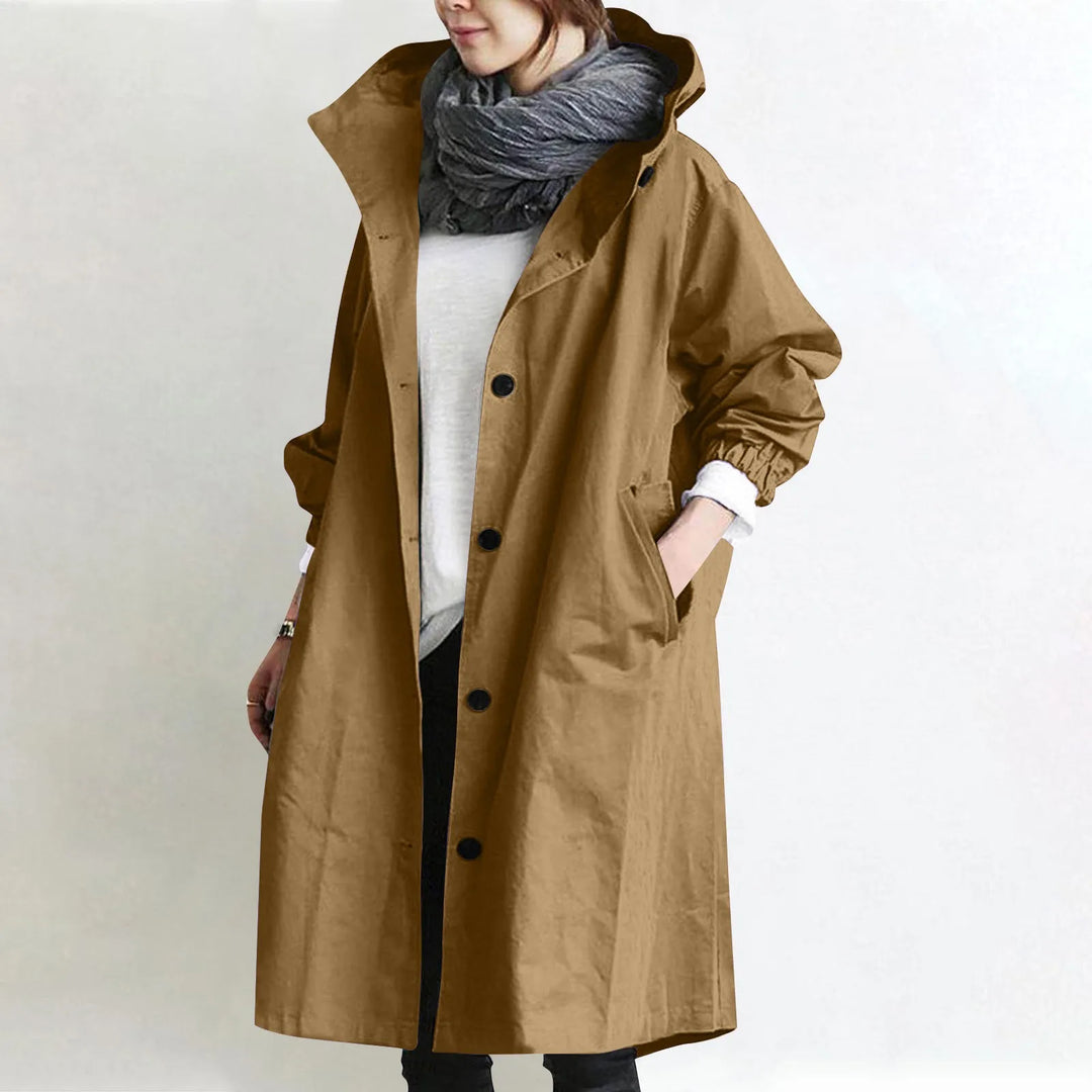 Trendy Women's Long Trench Coat Women's Solid Color Elegant Windbreaker Loose Comfortable Hooded Temperament Ladies Raincoat