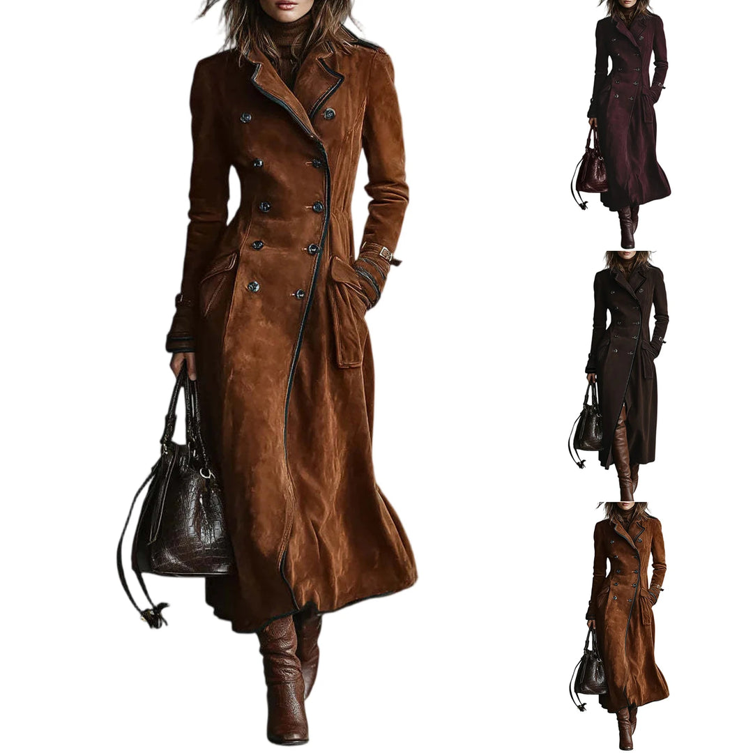 Trench Coat Women Chocolate Suede Double-Breasted Long Trench Coat Elegant Office Daily Outing 2026 Trendy Tops Nuevo Estilo