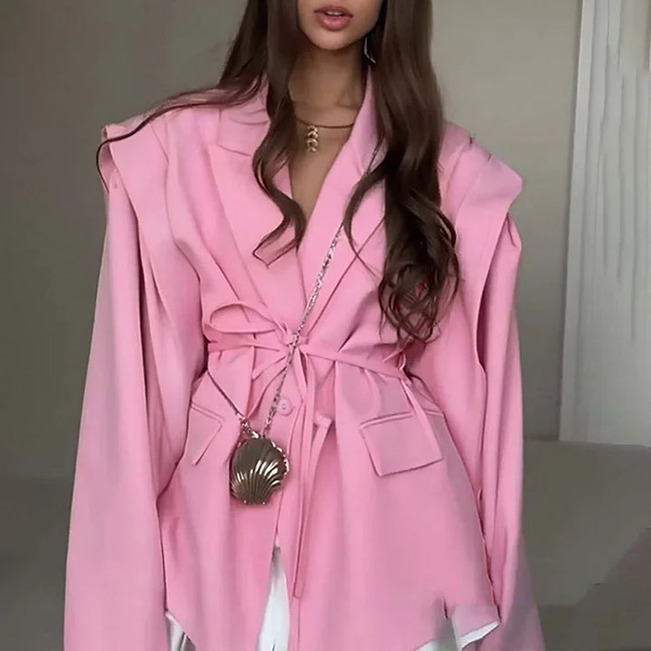 Oversized Blazer Jacket Women Casual Solid Turn Down Collar Lace Up Coat Autumn Fashion Design Street Commute Office Lady Jacket