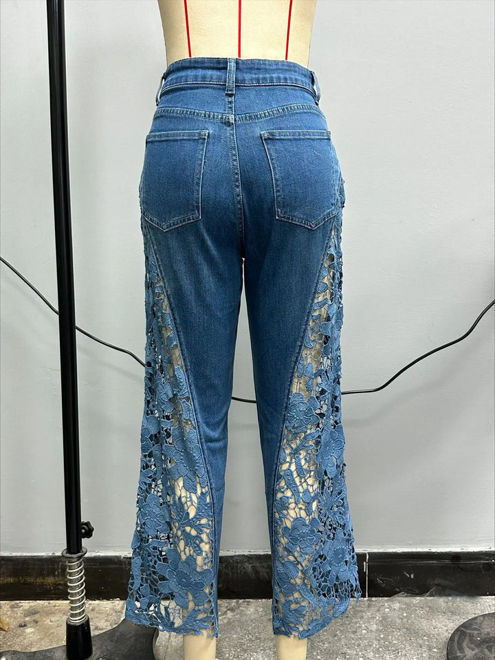 High Waist Wide Leg Pants Women Spring Summer Fashion Hollow Lace Denim Flowy Trousers Palazzo Pants