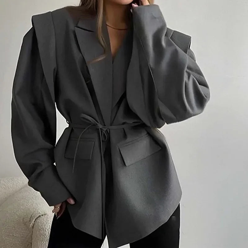 Oversized Blazer Jacket Women Casual Solid Turn Down Collar Lace Up Coat Autumn Fashion Design Street Commute Office Lady Jacket
