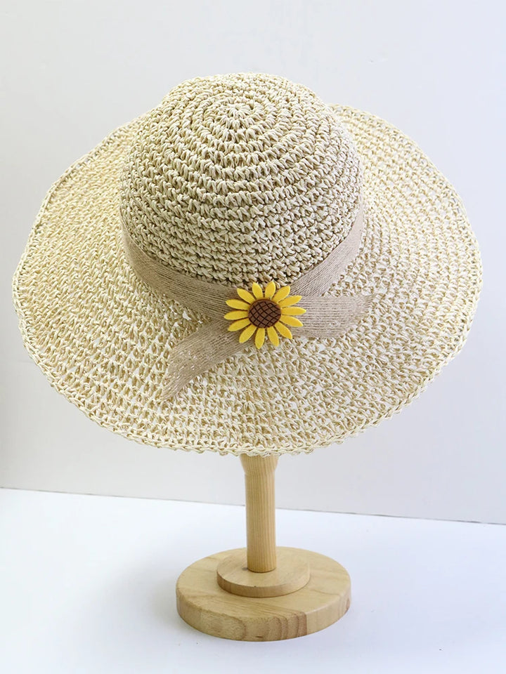 Women's Summer Woven Straw & Fabric Beach Hat - Wide-Brim UV Protection Sun Cap for Outdoor & Coastal Adventures