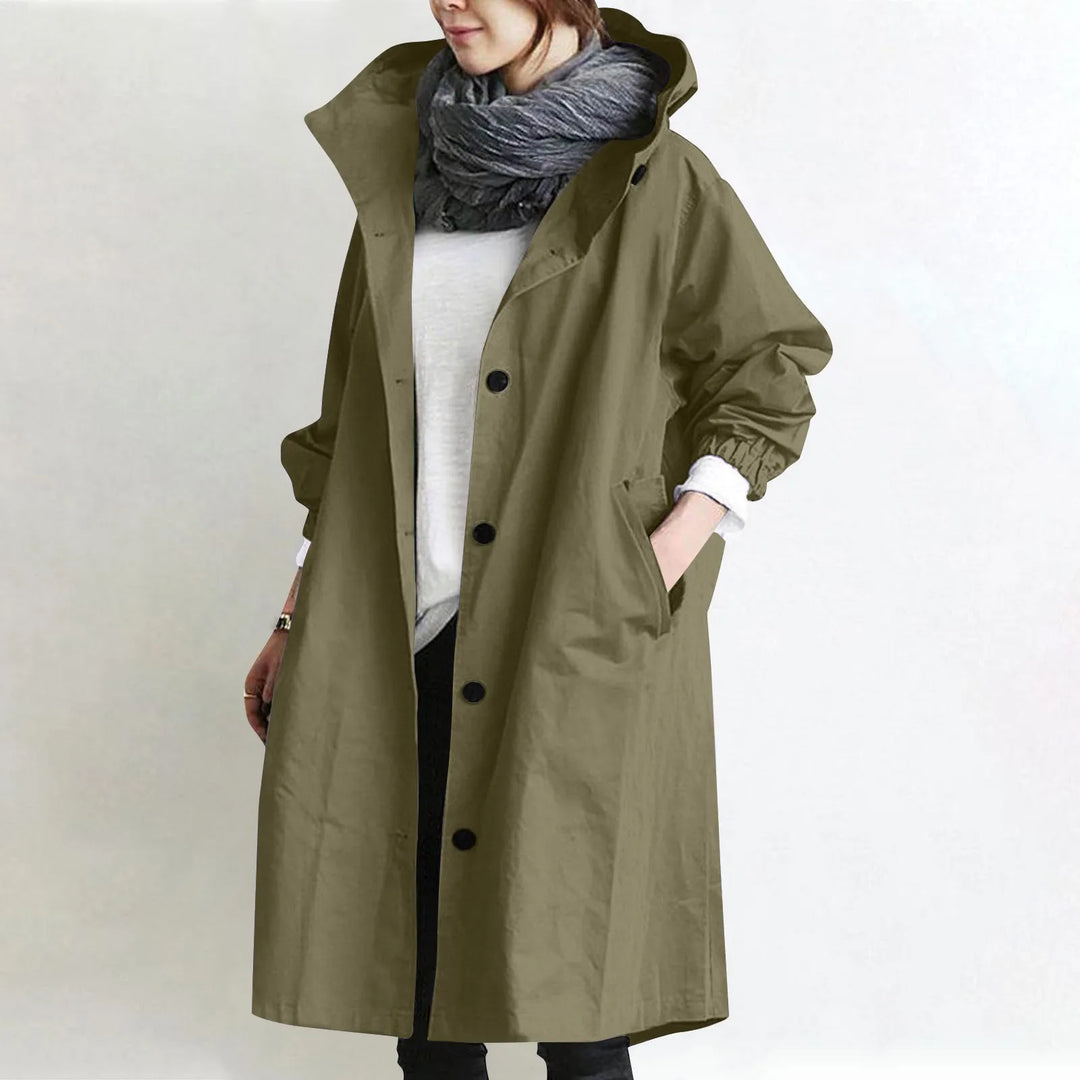 Trendy Women's Long Trench Coat Women's Solid Color Elegant Windbreaker Loose Comfortable Hooded Temperament Ladies Raincoat