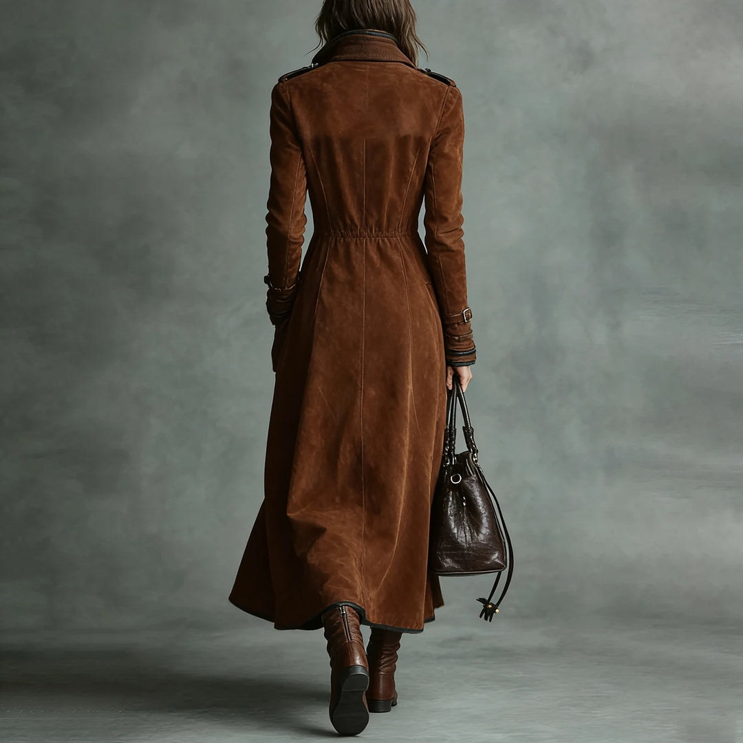 Trench Coat Women Chocolate Suede Double-Breasted Long Trench Coat Elegant Office Daily Outing 2026 Trendy Tops Nuevo Estilo